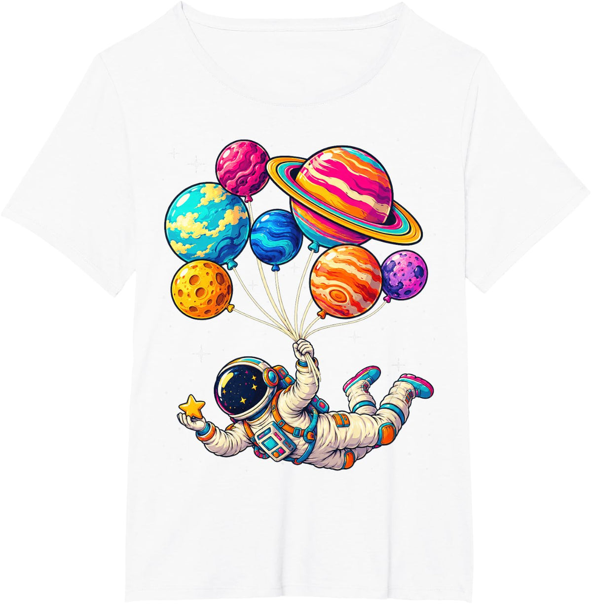 Astronaut Holding Star and Solar System Planet Balloons T-Shirt - White
