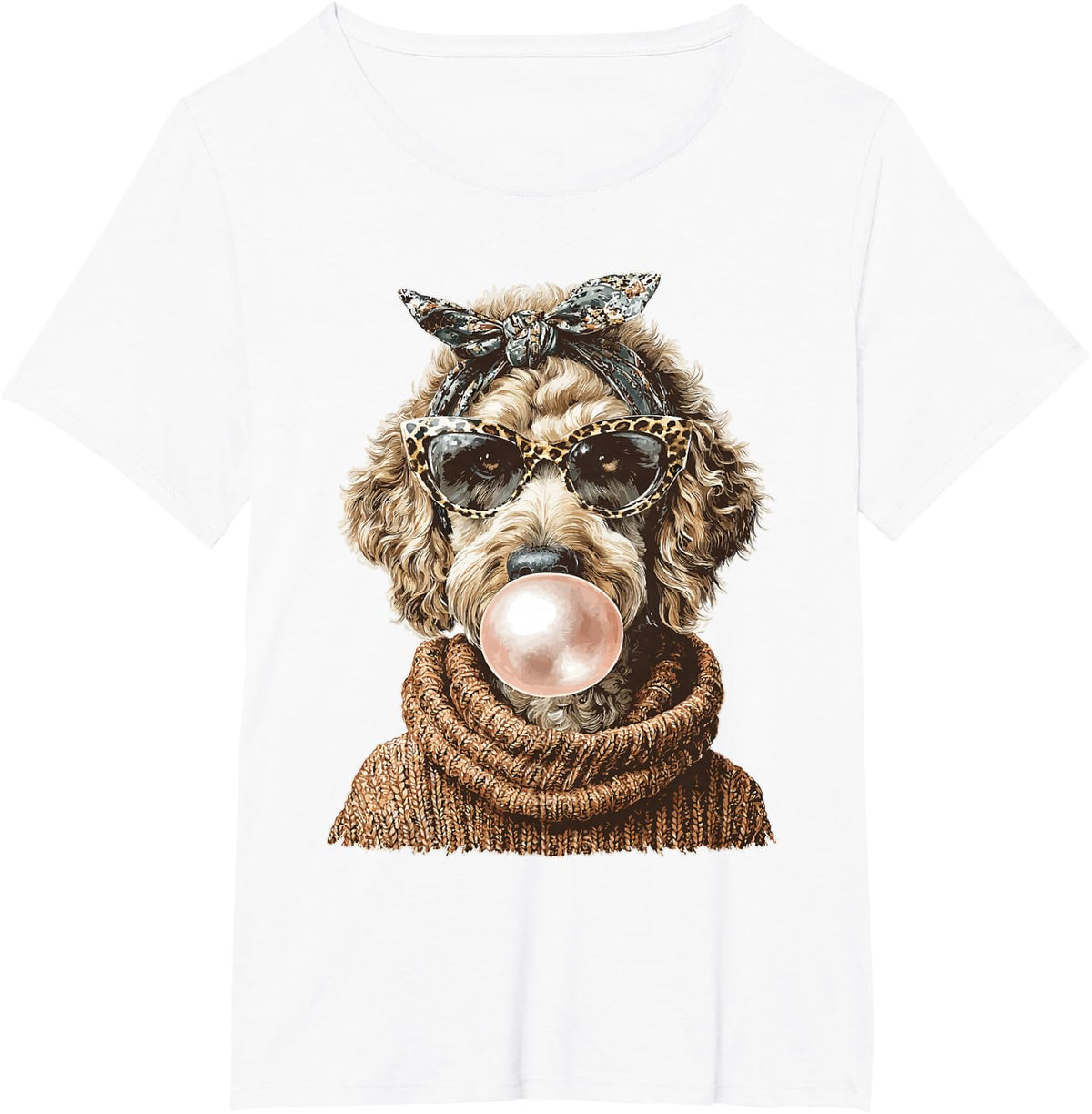 Goldendoodle with Bubblegum Leopard Bow Autumn Dog Coquette T-Shirt - White