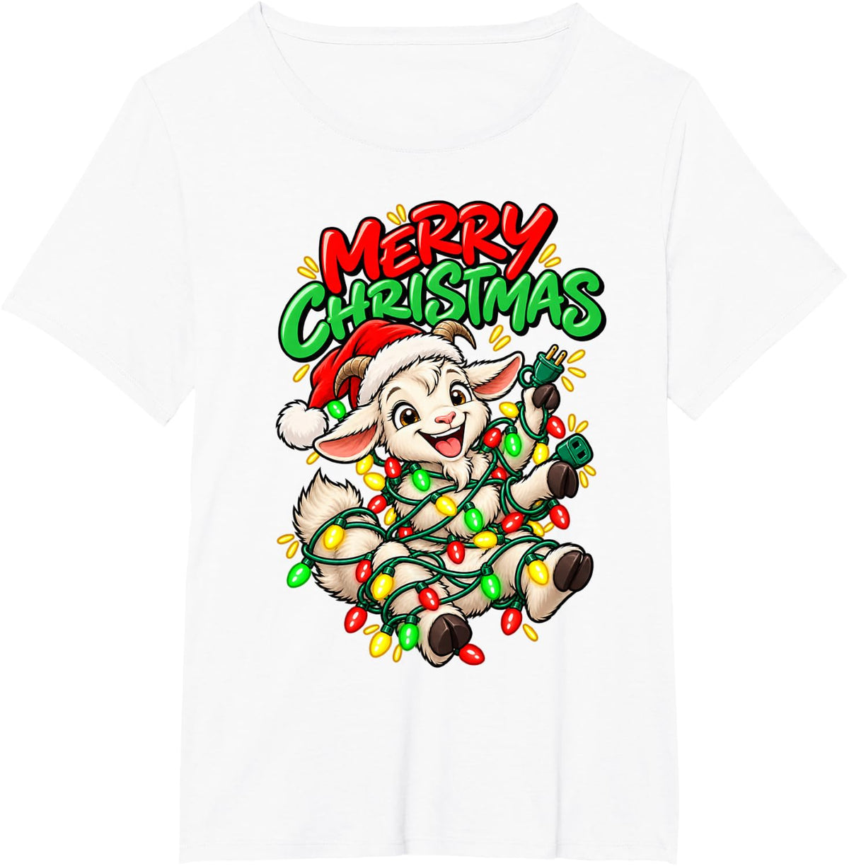 Merry Christmas Happy Goat Cute Christmas Lights T-Shirt - White