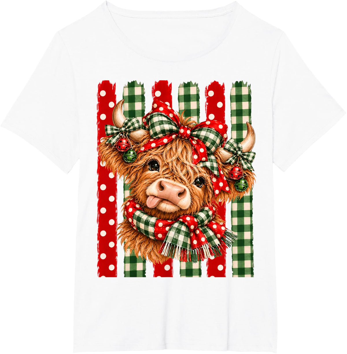 Stripes Western Polka Dot Christmas Highland Cow Holiday T-Shirt - White