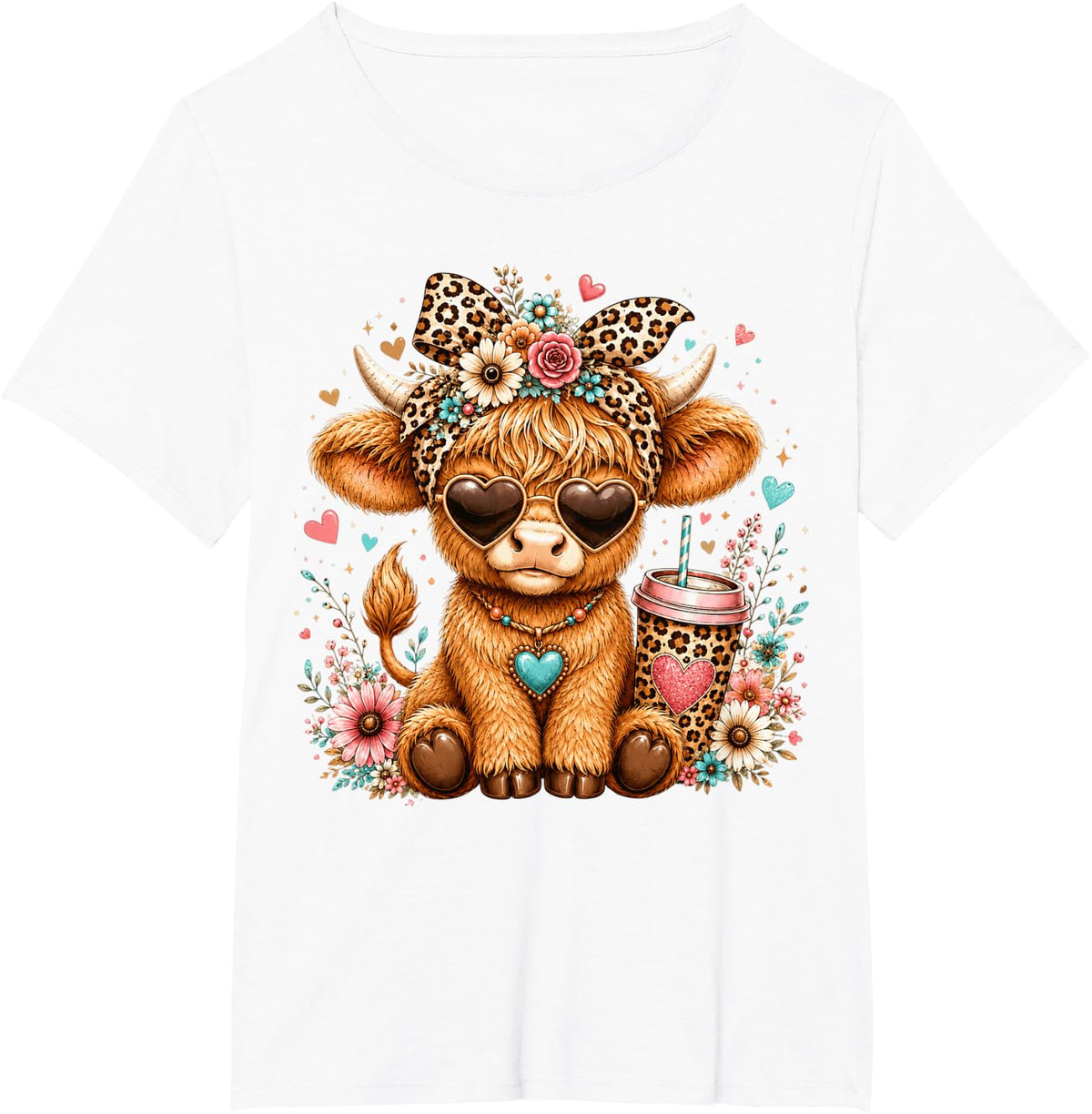 Highland Cow for Women Cute Western Coffee Graphic T-Shirt - White
