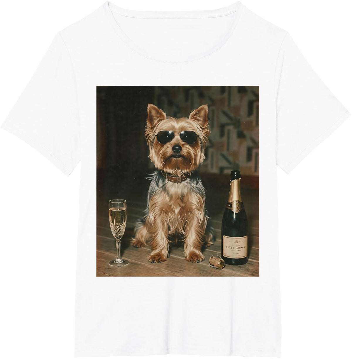 Yorkie Drinking Champagne Funny Father’s Day T-Shirt - White