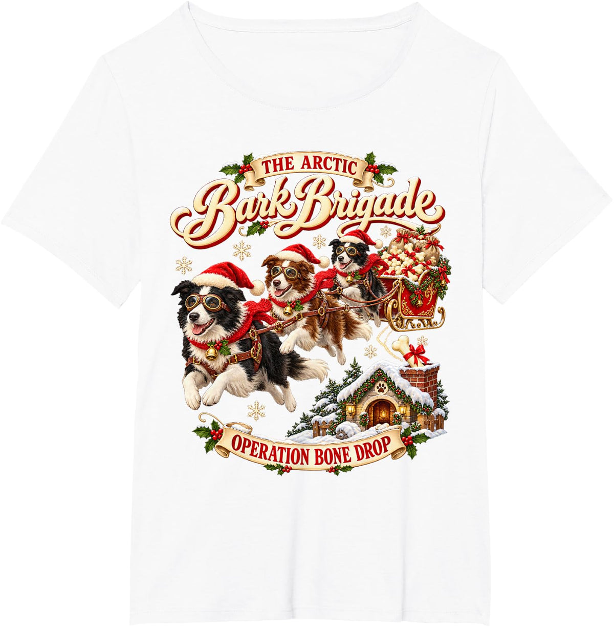 Border Collie Christmas Sleigh Dog Family Kids Farm Collie T-Shirt - White