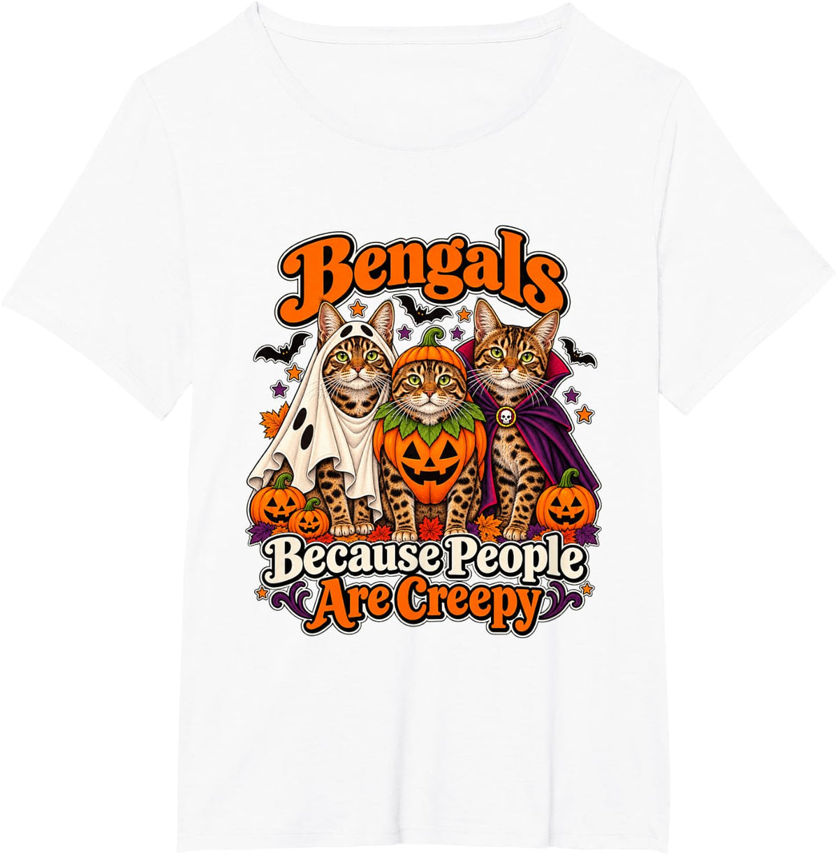 Bengal Cats Halloween Ghost Pumpkin Vampire Costume T-Shirt - White
