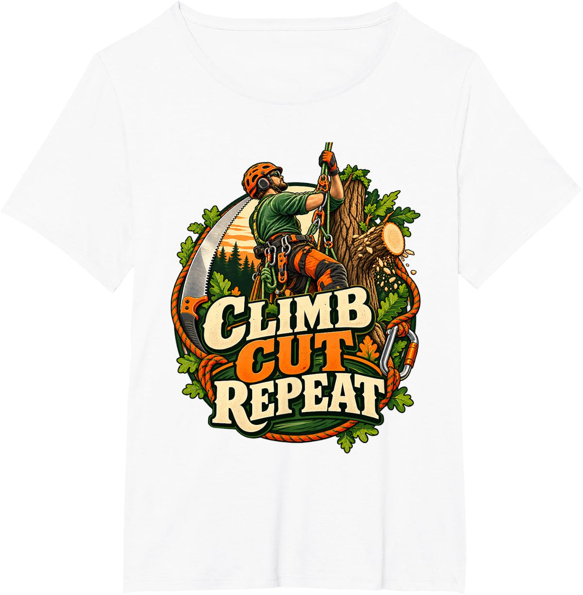 Climb Cut Repeat Arborist Tree Climber Tree Surgeon T-Shirt - White