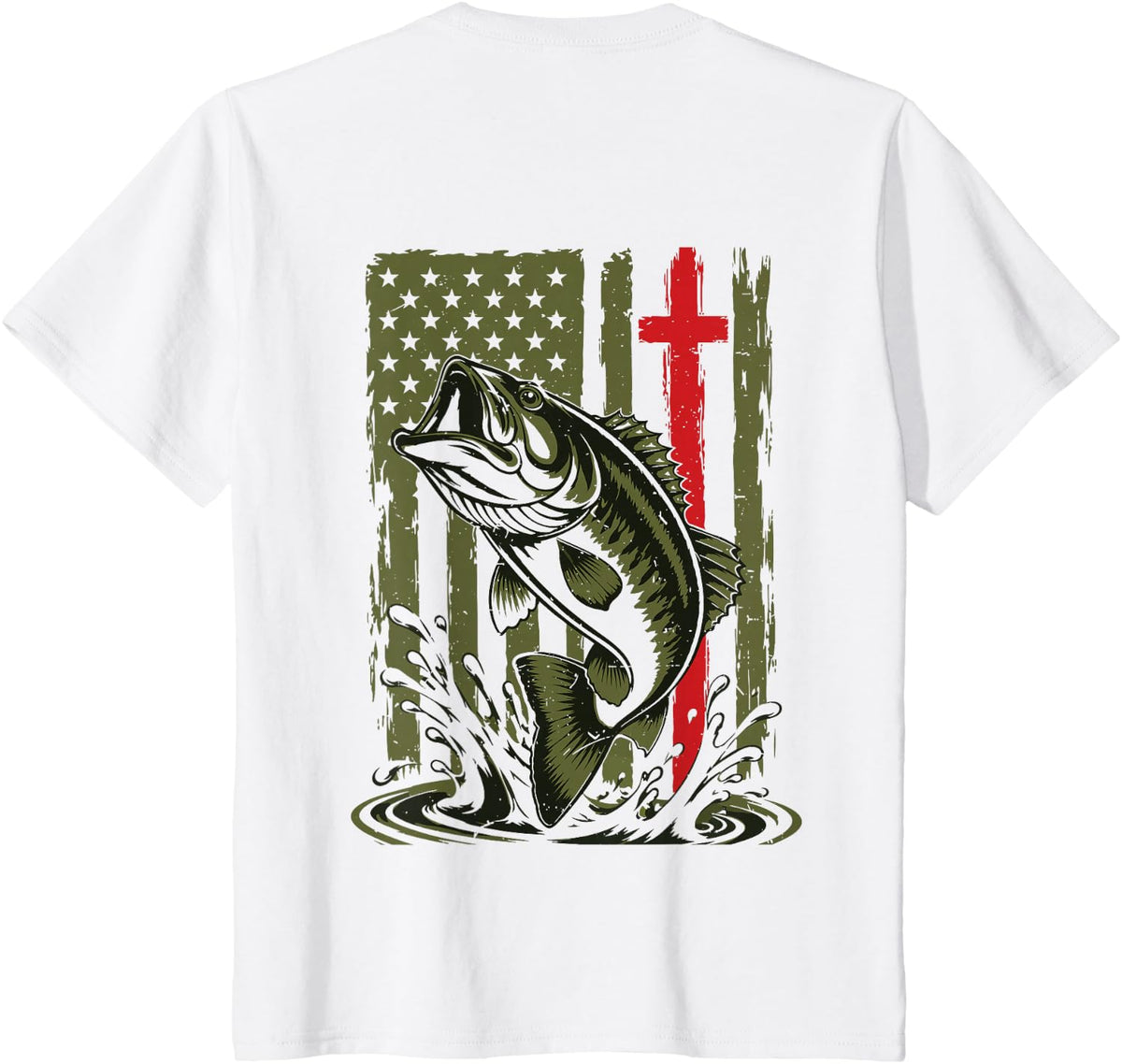Mens Christian Fishing American Flag Camo Bass Fishing Cross T-Shirt - White
