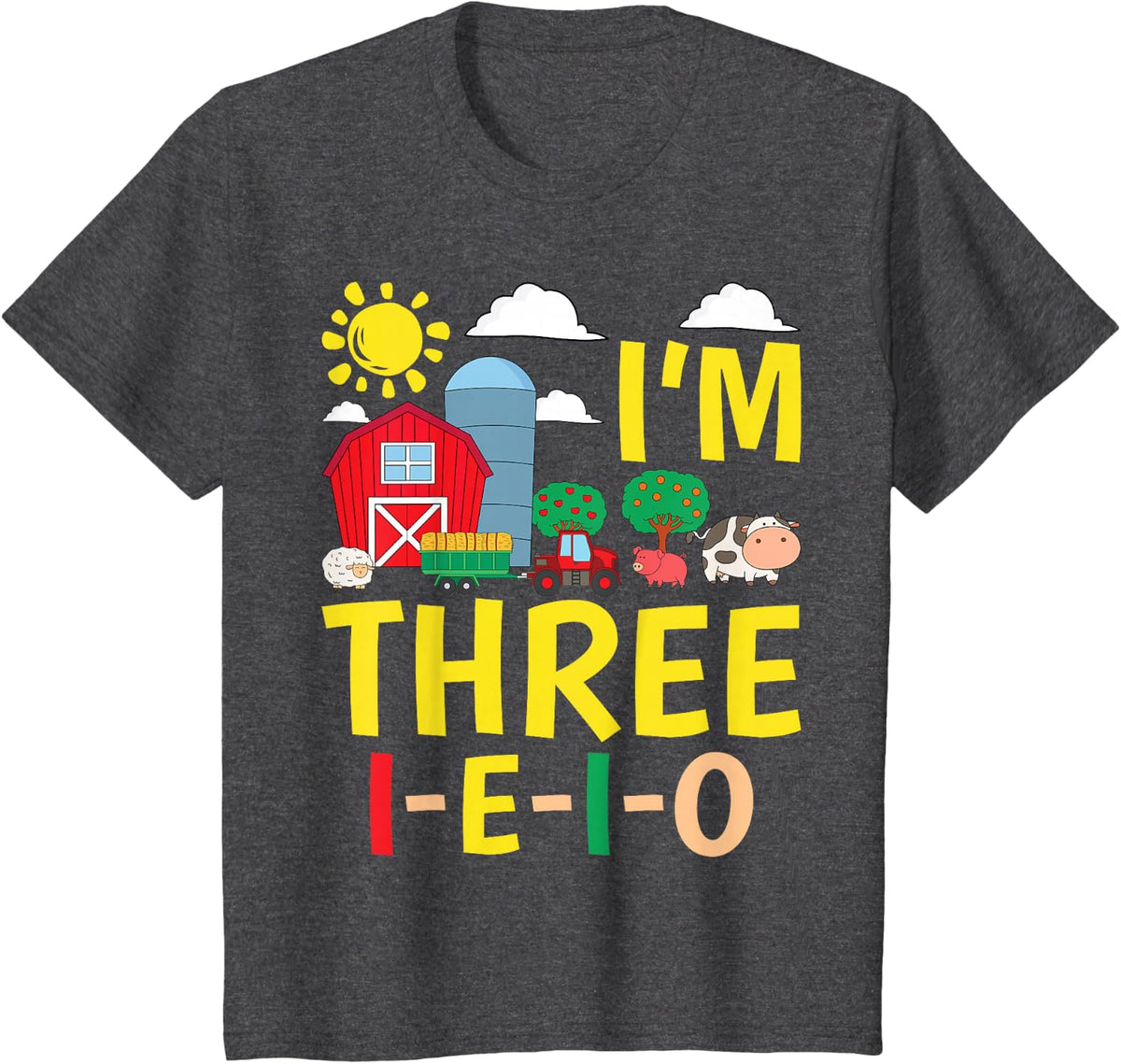 Kids I'm Three I-E-I-O 3 Years Old Farm Animal Birthday T-Shirt - Dark Heather Grey