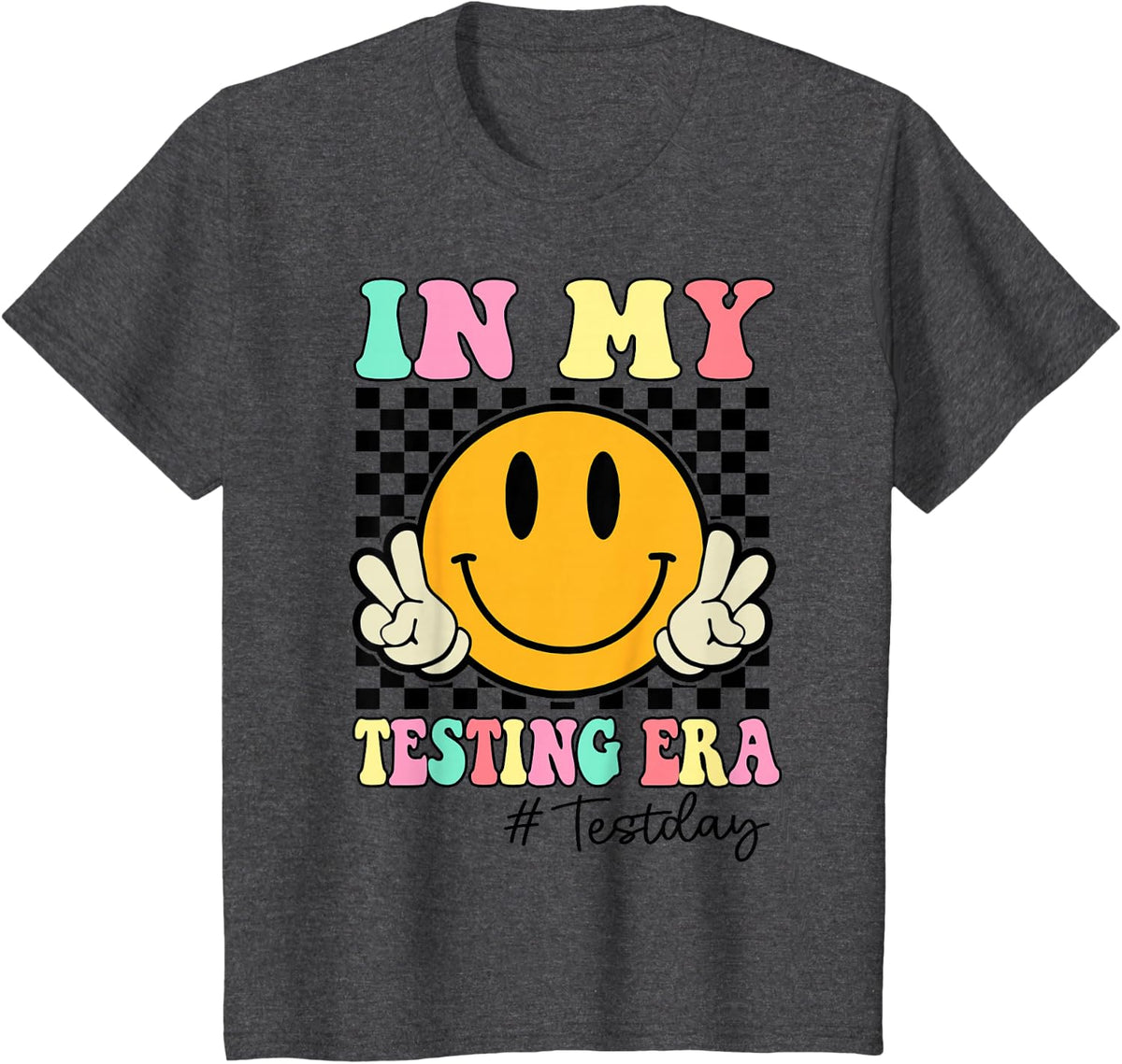 In My Testing Era Retro Smile Teacher Kids Testing Test Day T-Shirt - Dark Heather Grey