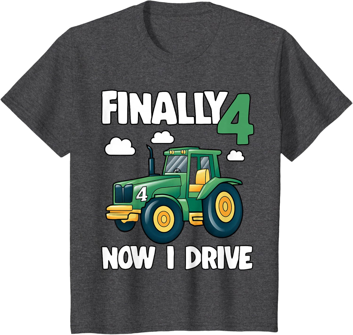 Kids Finally 4 Now I Drive 4th Birthday Party Boy Tractor Kids T-Shirt - Dark Heather Grey