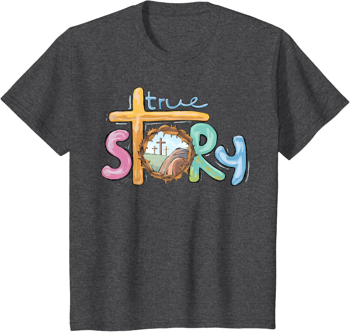 True Story Cross Jesus Easter Day Christians He is Risen T-Shirt - Dark Heather Grey