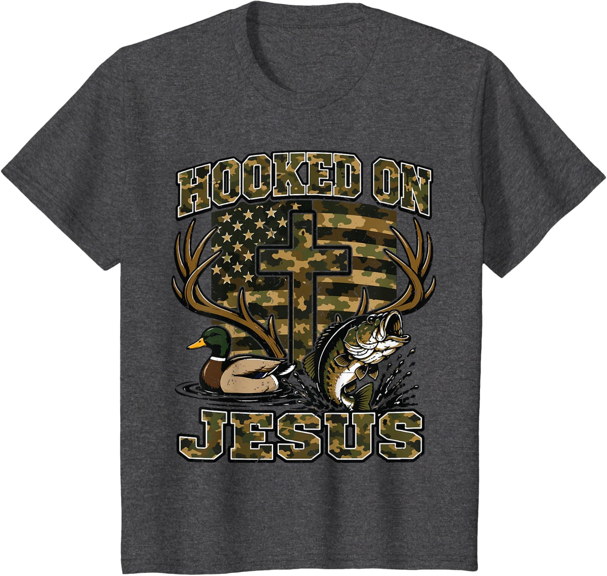 Youth Christian Fishing Hooked On Jesus Camo Bass Fish Cross T-Shirt - Dark Heather Grey
