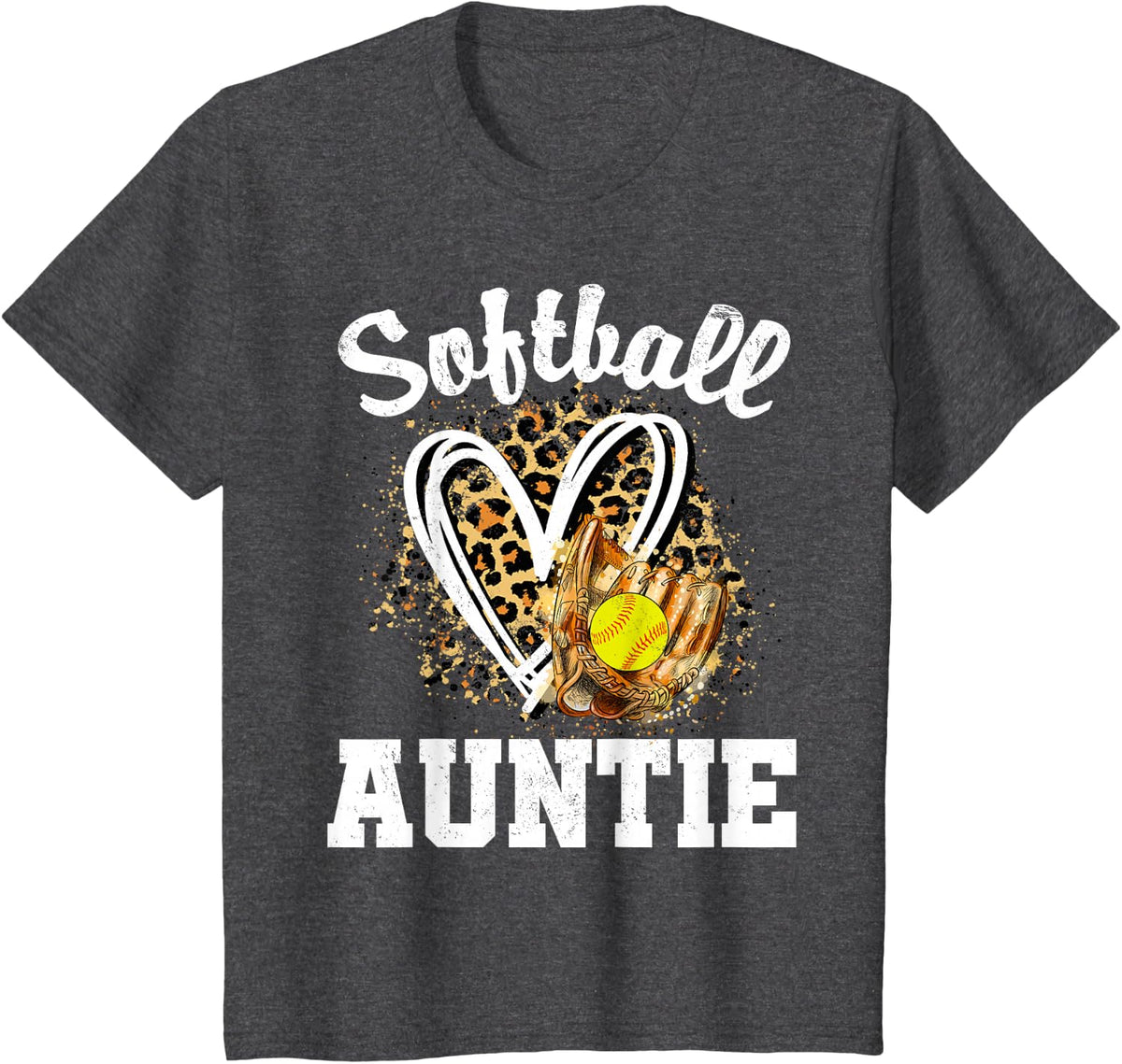 Softball Auntie Leopard Heart Matching Family T-Shirt - Dark Heather Grey