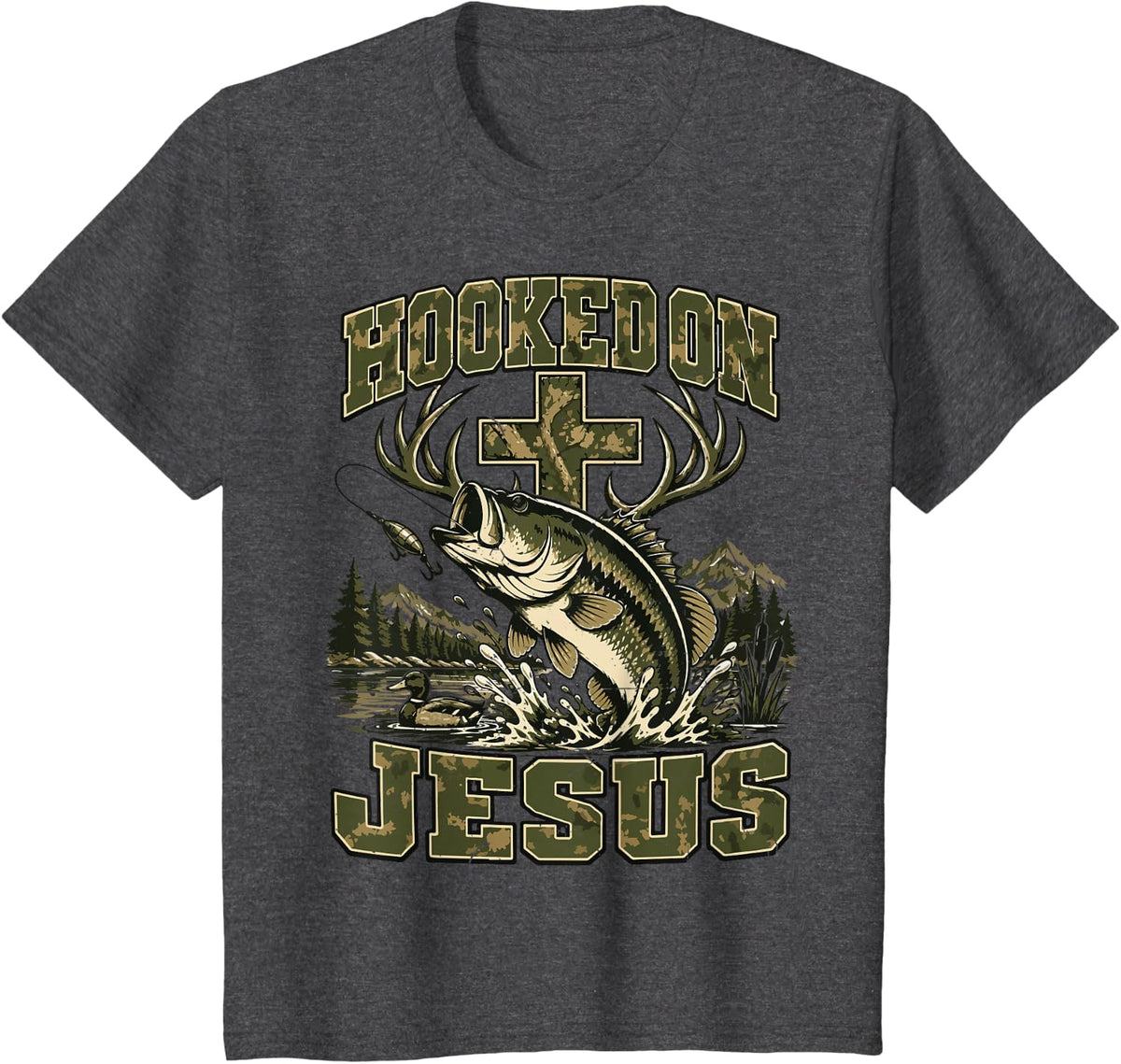 Youth Christian Fishing Hooked On Jesus Fishing Camo Bass T-Shirt - Dark Heather Grey