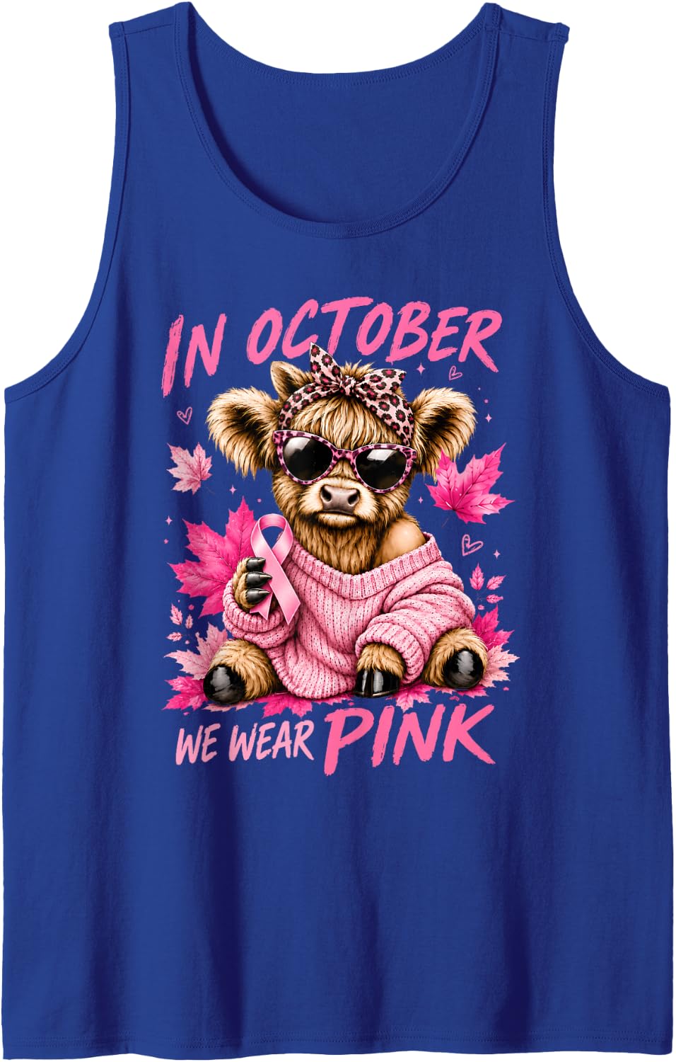 in October We Wear Pink Highland Cow Autumn Breast Cancer Sleeveless Tank Top - Royal Blue