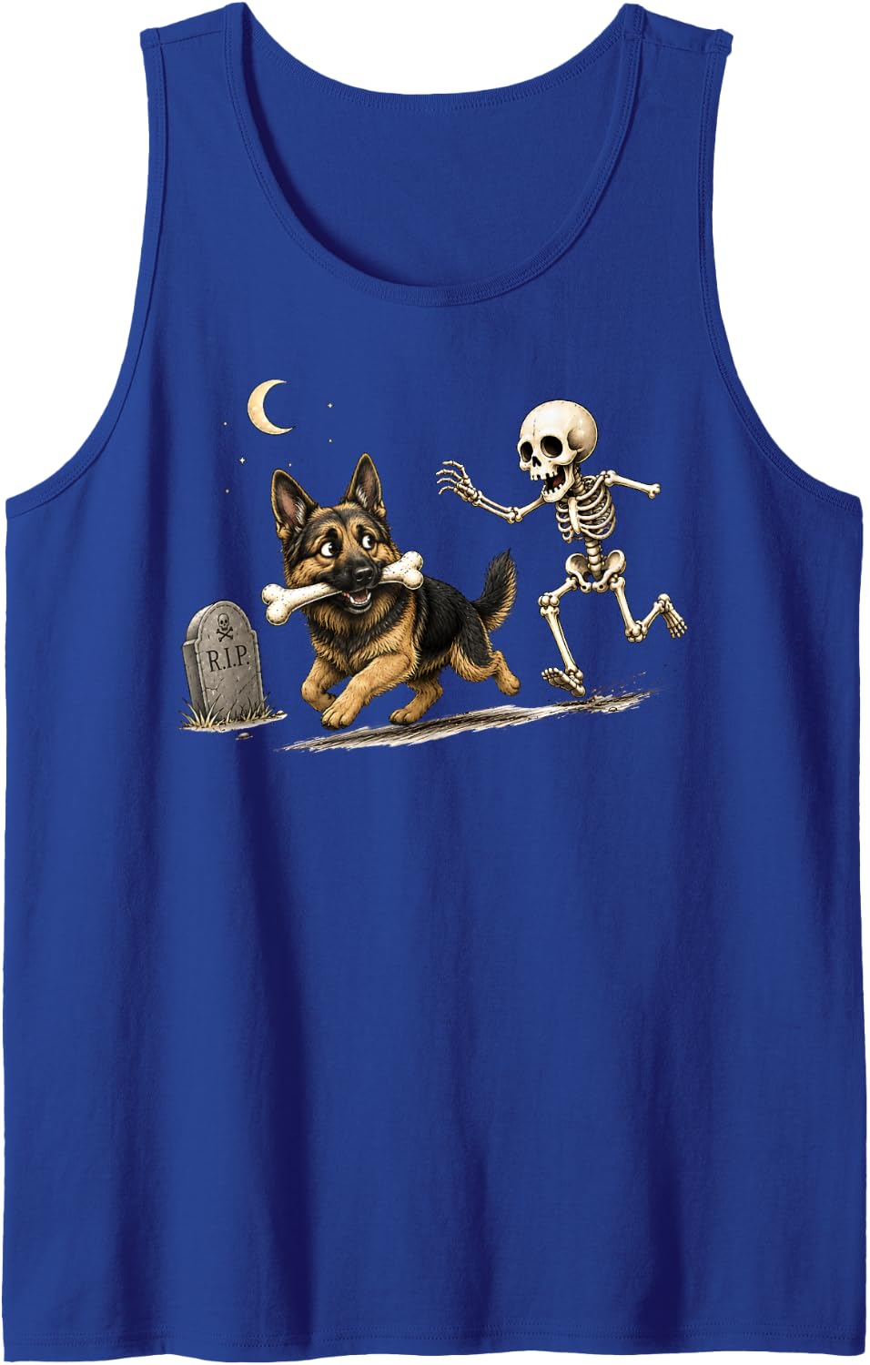 Funny Skeleton Chasing German Shepherd Halloween Dog Mom Dad Tank Top - Royal Blue