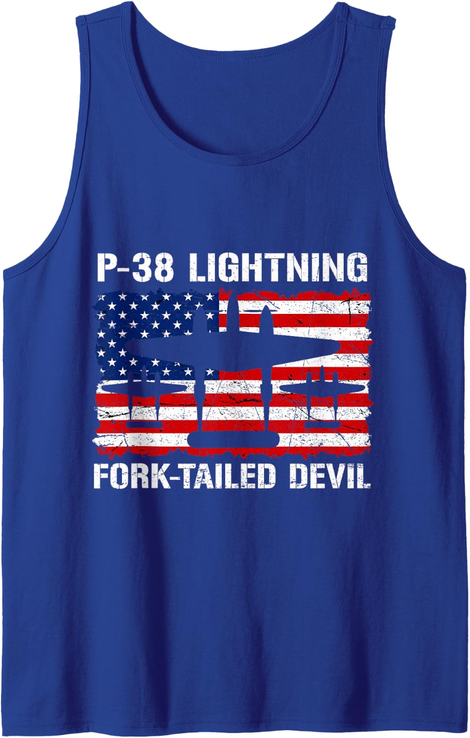 P-38 Lightning WW2 Aircraft Flag USA Fork-Tailed Devil Sleeveless Tank Top - Royal Blue