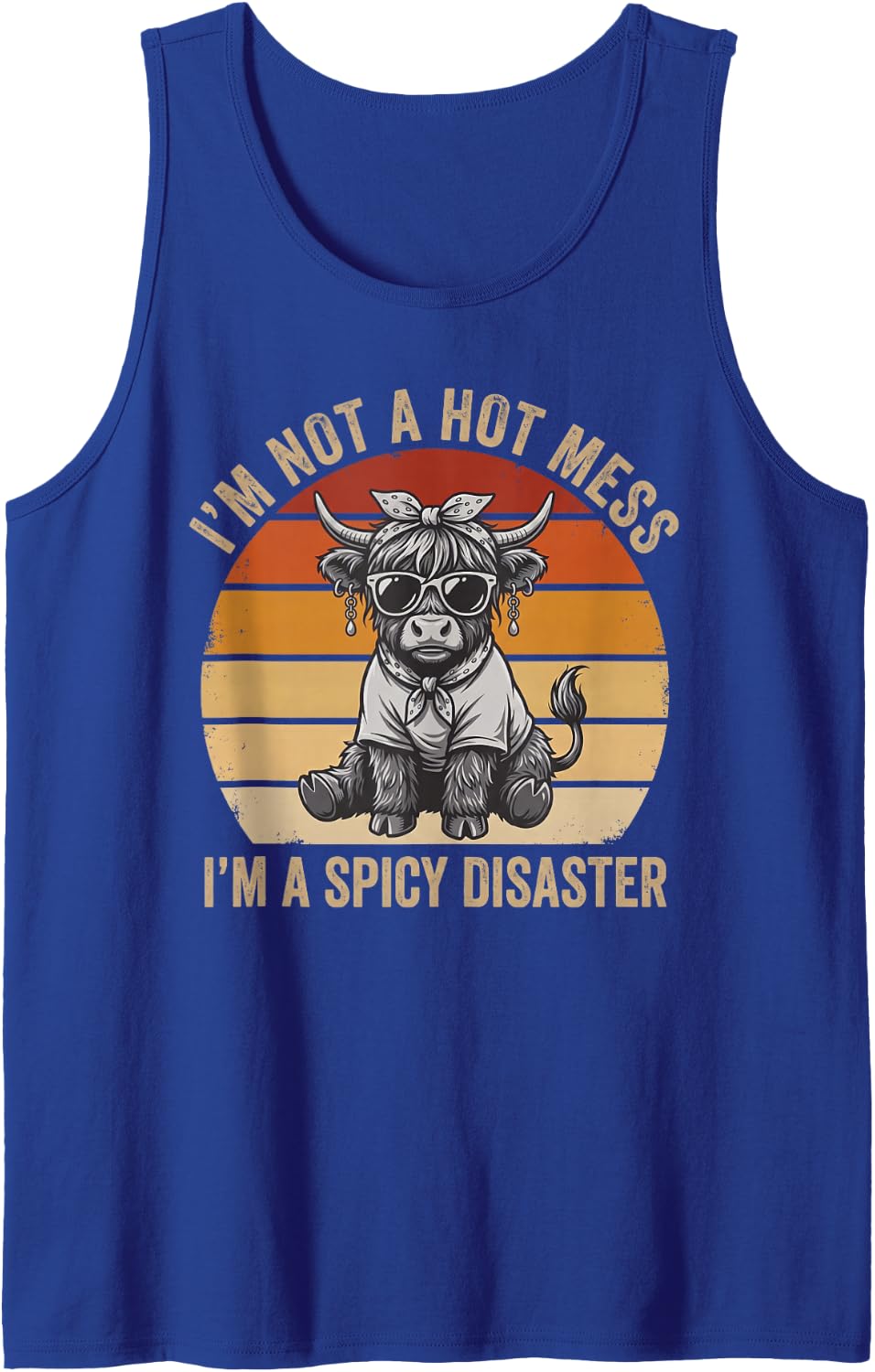 Hot Mess Spicy Disaster Highland Cow Funny Sunset Graphic Sleeveless Tank Top - Royal Blue