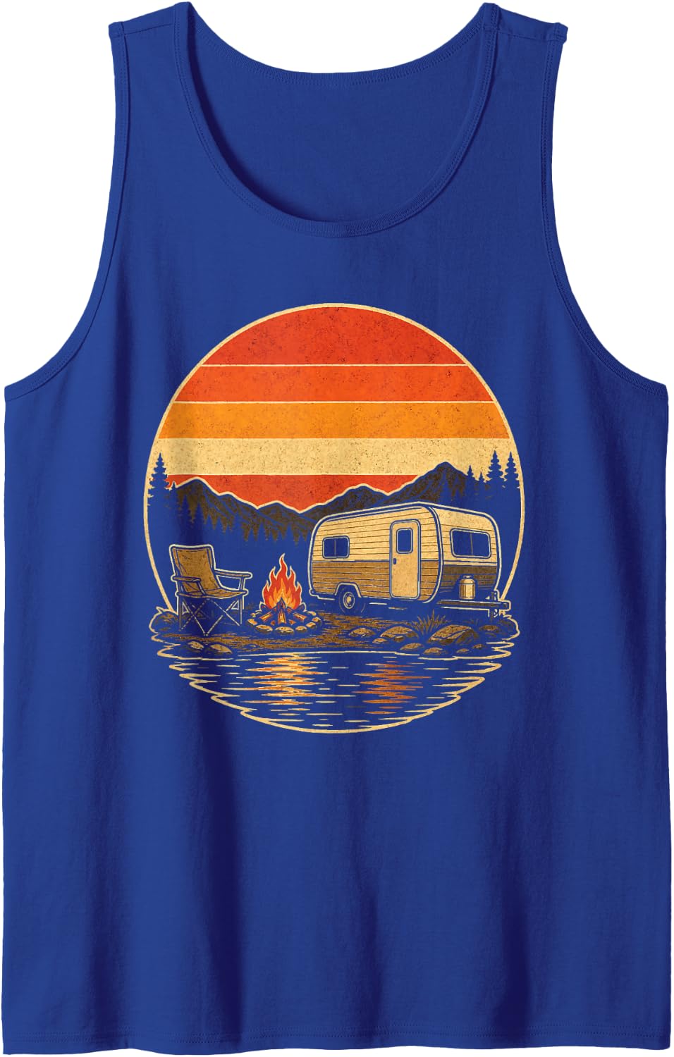 Camping Retro Sun Camper Travel Trailer Lake Campfire Art Sleeveless Tank Top - Royal Blue