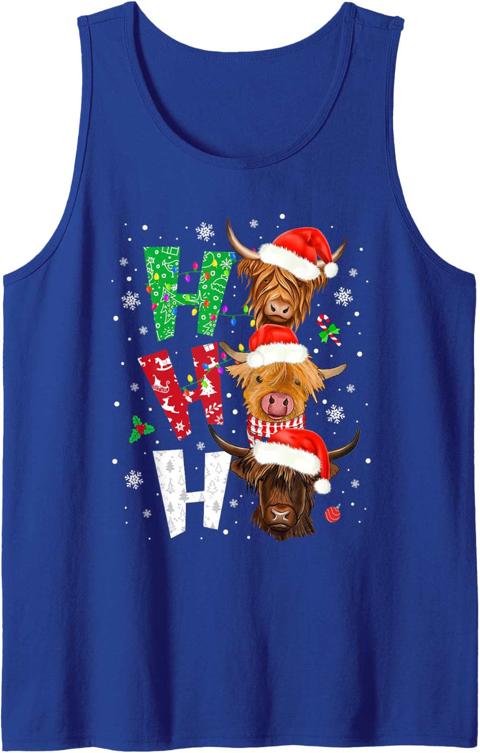 Scottish Highland Cow Print Ho Ho Ho Christmas Pajamas Sleeveless Tank Top - Royal Blue