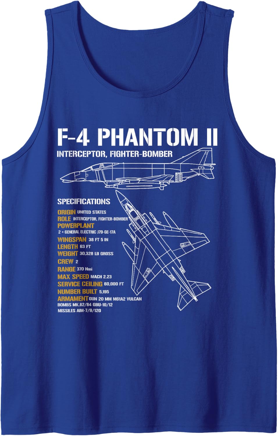F-4 Phantom II Interceptor Fighter Jet US Military Aircraft Tank Top - Royal Blue