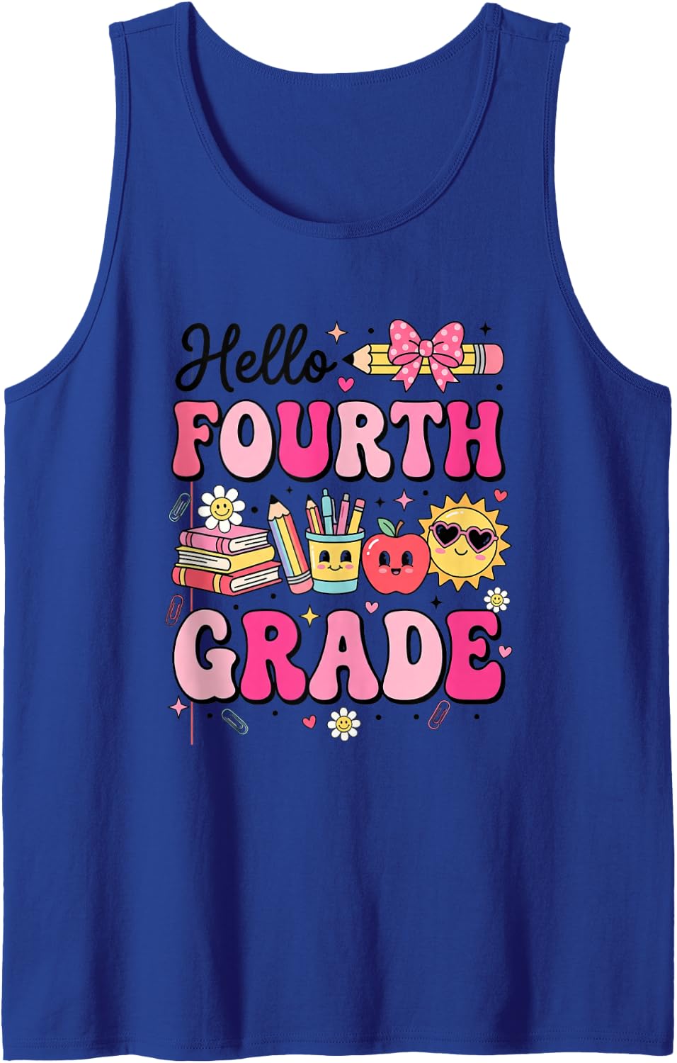 Hello Fourth Grade Back to School Retro Teacher Student Sleeveless Tank Top - Royal Blue