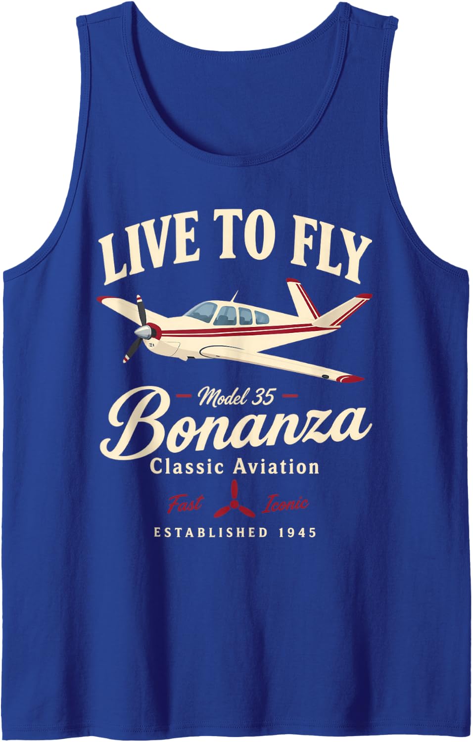 Live to Fly Model 35 Bonanza Classic Aviation Fast Iconic Sleeveless Tank Top - Royal Blue