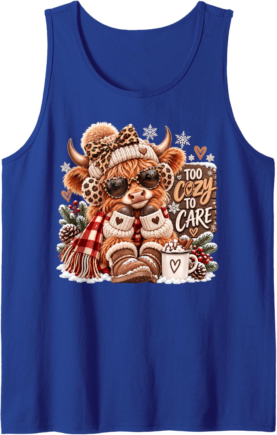 Too Cozy to Care Funny Winter Highland Cow Christmas Sleeveless Tank Top - Royal Blue