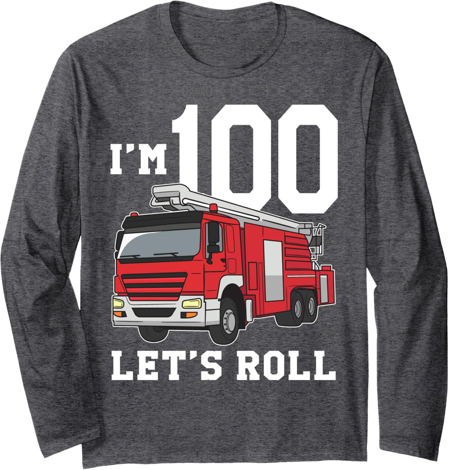 100 Year Old Birthday Fire Truck 100thB-Day Firefighter Long Sleeve T-Shirt - Adult Unisex Dark Heather Grey
