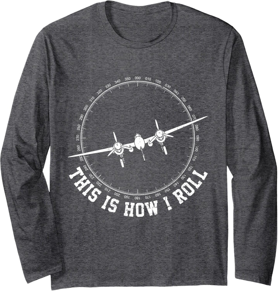 This is How I Roll Funny P-38 Lightning WW2 Airplane Pilot Long Sleeve T-Shirt - Adult Unisex Dark Heather Grey