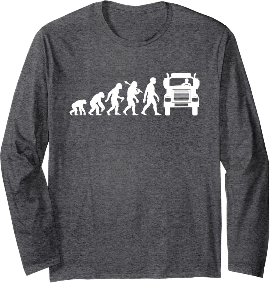 Retro Truck Driver Evolution for Lorry Drivers Funny Long Sleeve T-Shirt - Adult Unisex Dark Heather Grey
