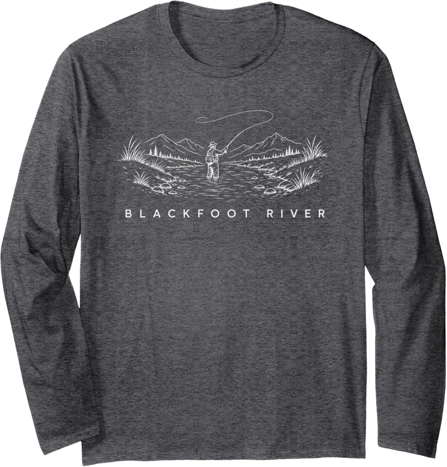 Blackfoot River Montana Fly Fishing Long Sleeve T-Shirt - Adult Unisex Dark Heather Grey