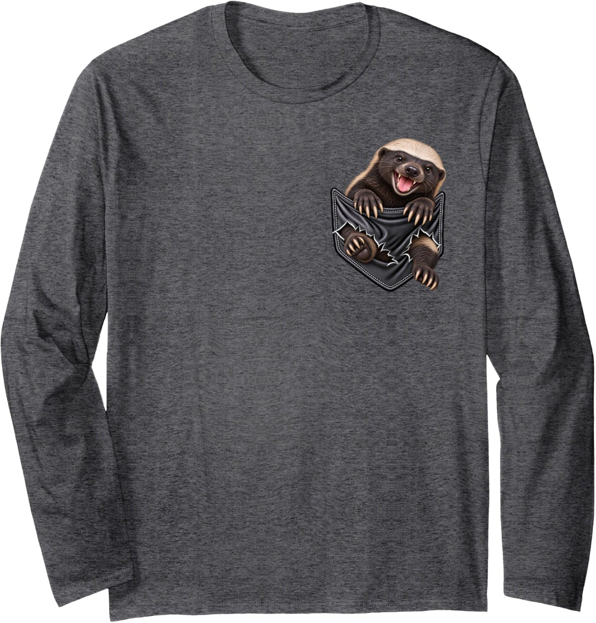 Funny Honey Badger Pocket for Men and Women Cute Animal Long Sleeve T-Shirt - Adult Unisex Dark Heather Grey