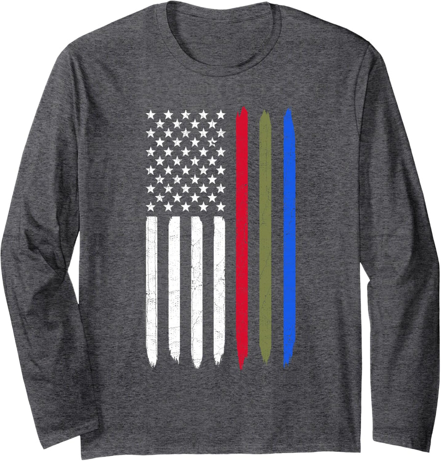 Thin Blue Red Green Line American Flag Police Military Fire Long Sleeve T-Shirt - Adult Unisex Dark Heather Grey