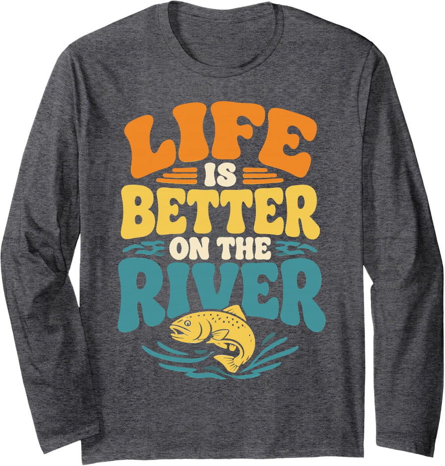 Retro River Fishing Lover Freshwater Angler Fisherman Long Sleeve T-Shirt - Adult Unisex Dark Heather Grey