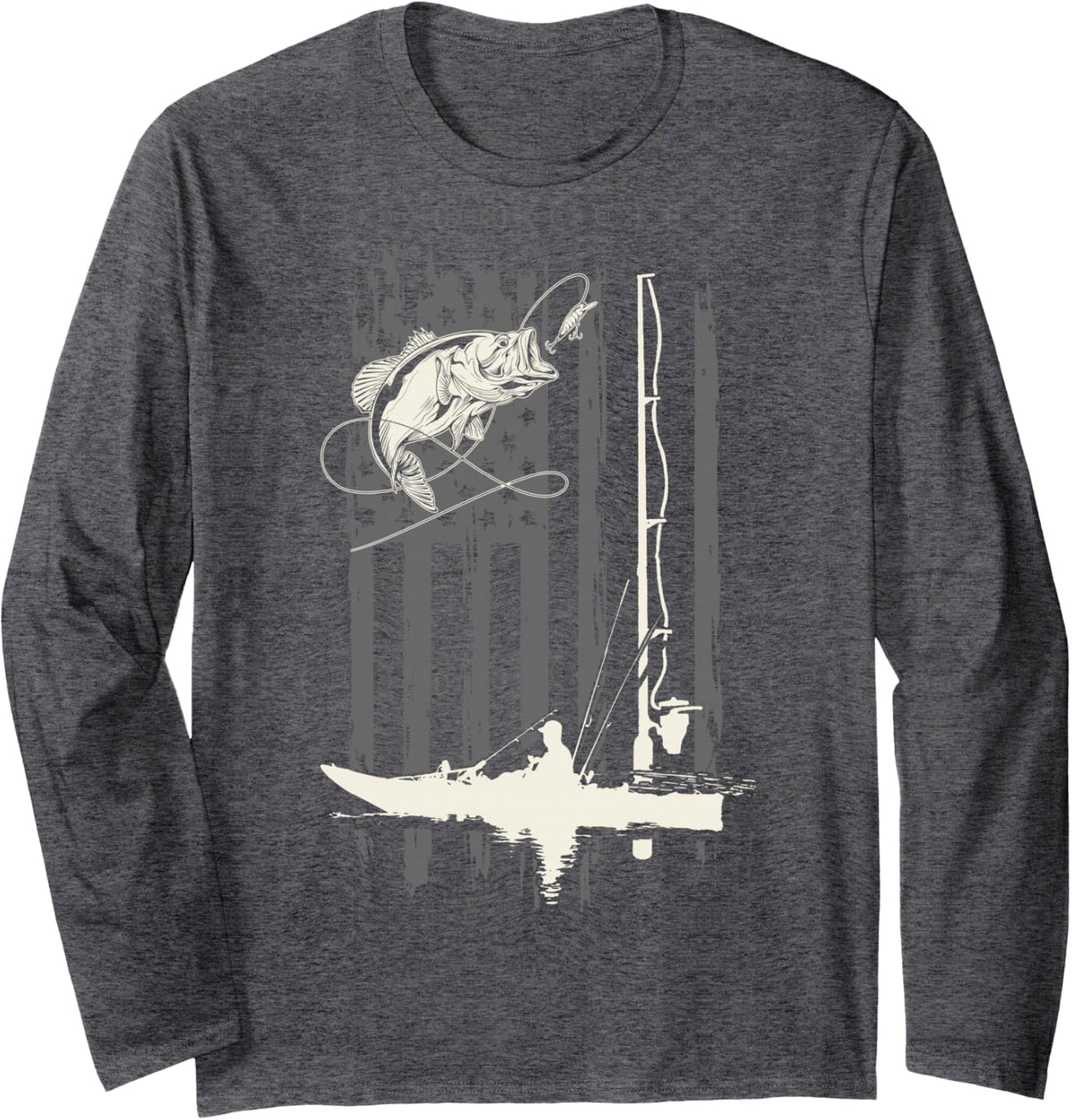 American Flag Funny Bass Kayak Fishing Fisher Fisherman USA Long Sleeve T-Shirt - Adult Unisex Dark Heather Grey