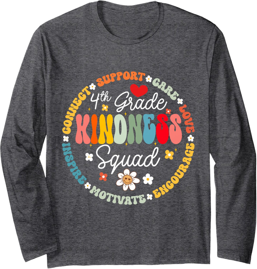 Fourth Grade Teacher - 4th Grade Kindness Squad Groovy Long Sleeve T-Shirt - Adult Unisex Dark Heather Grey