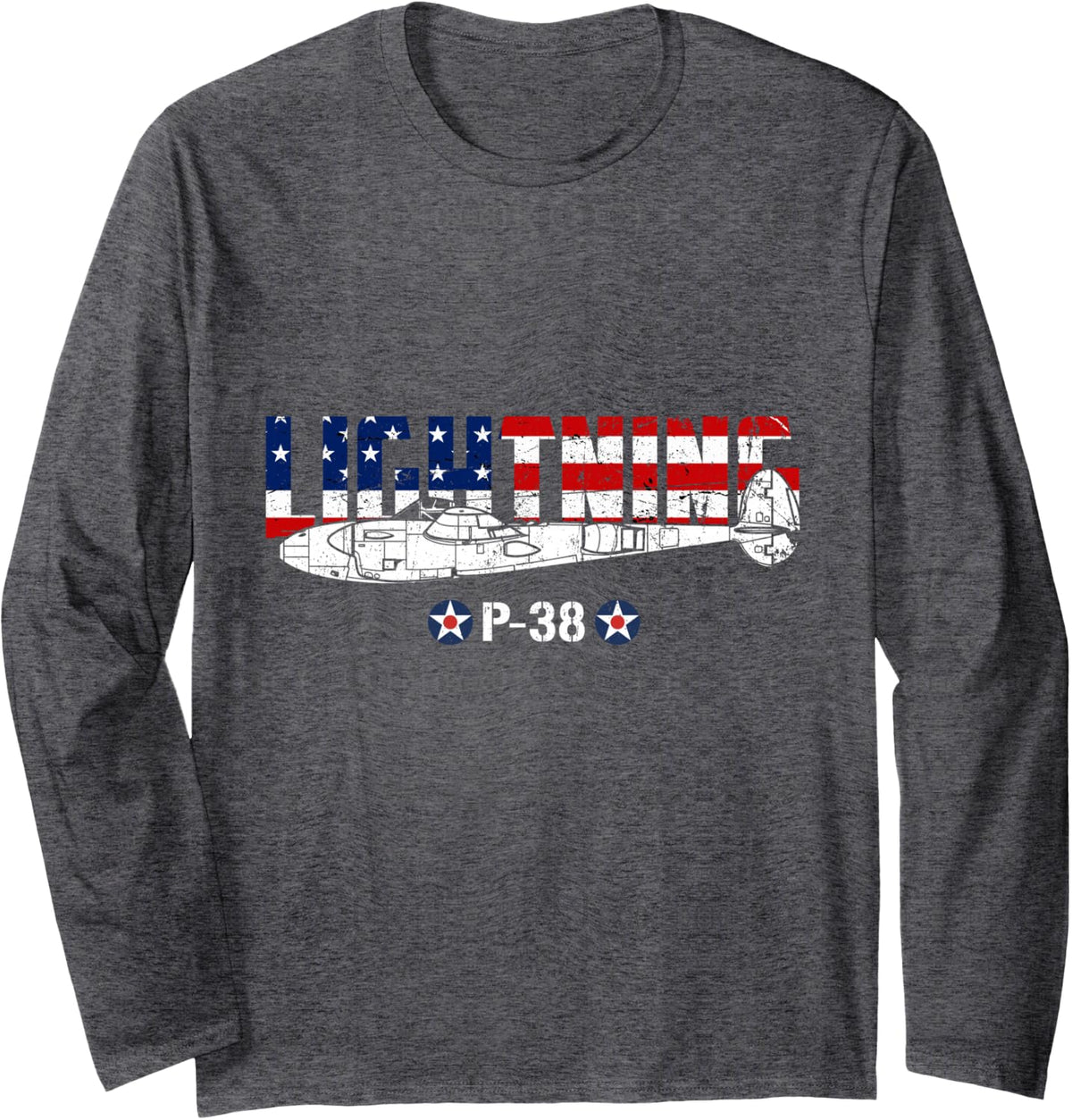 P-38 Lightning WW2 Military Aircraft Flag USA Fighter Plane Long Sleeve T-Shirt - Adult Unisex Dark Heather Grey