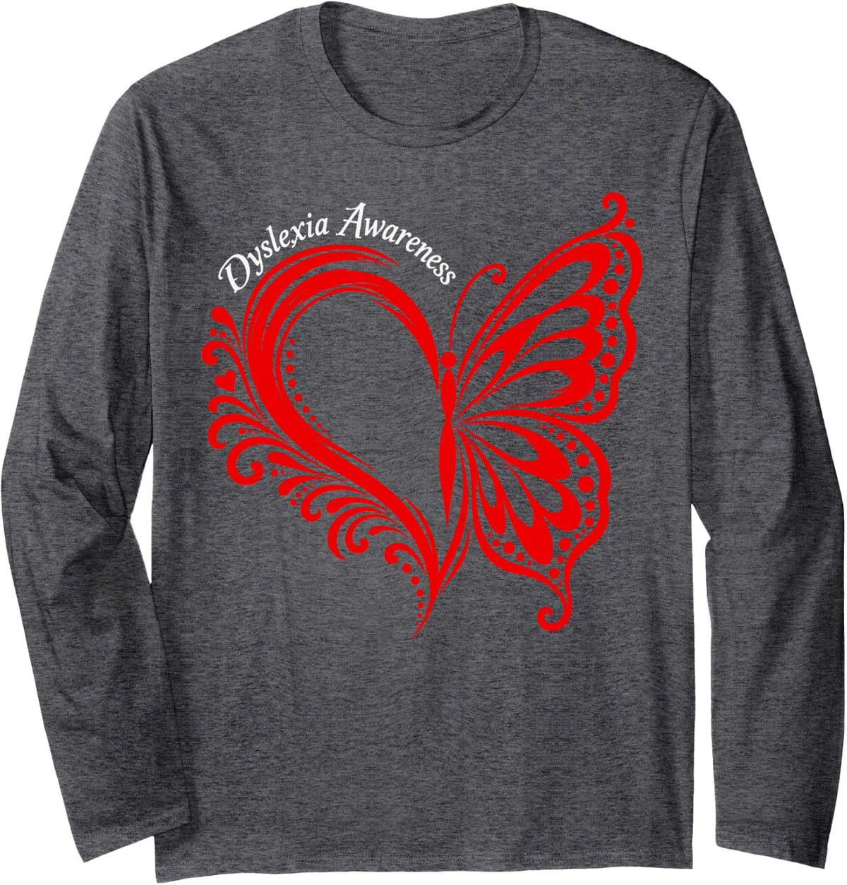 Butterfly Heart Dyslexia Awareness Long Sleeve T-Shirt - Adult Unisex Dark Heather Grey