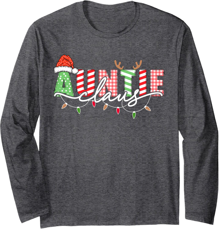 Auntie Claus Xmas Christmas Lights Pajama Family Matching Long Sleeve T-Shirt - Adult Unisex Dark Heather Grey