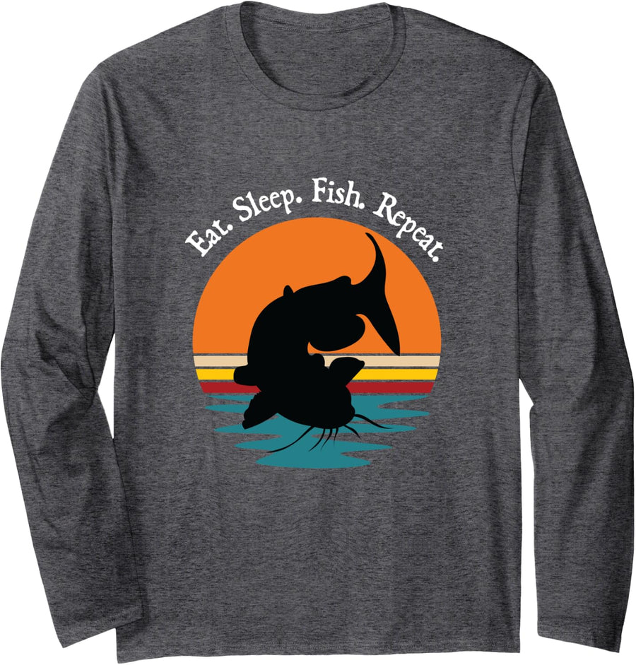 Father's Day Fishing Catfish Retro Eat Sleep Fish Repeat Long Sleeve T-Shirt - Adult Unisex Dark Heather Grey