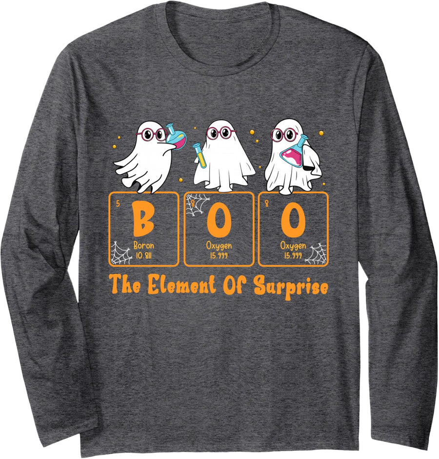 Chemistry Boo The Element of Surprise Halloween Boy Girl Long Sleeve T-Shirt - Adult Unisex Dark Heather Grey