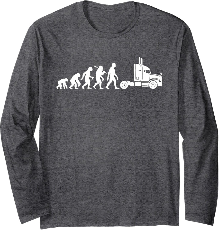 Truck Driver Evolution Lorry Drivers Funny Transport Long Sleeve T-Shirt - Adult Unisex Dark Heather Grey