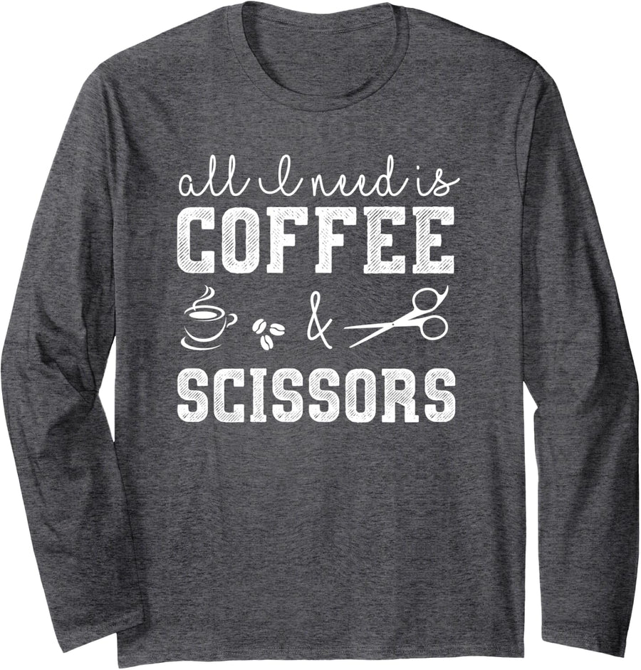 Cute Hairstylist Long Sleeve TShirt (Coffee And Scissors) - Adult Unisex Dark Heather Grey