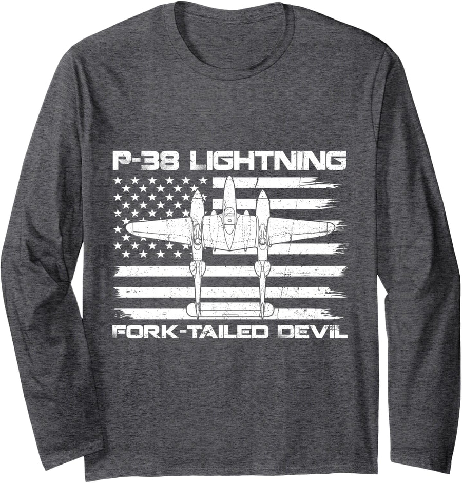 P-38 Lightning Fork-Tailed Devil Flag US WW2 Aircraft Plane Long Sleeve T-Shirt - Adult Unisex Dark Heather Grey