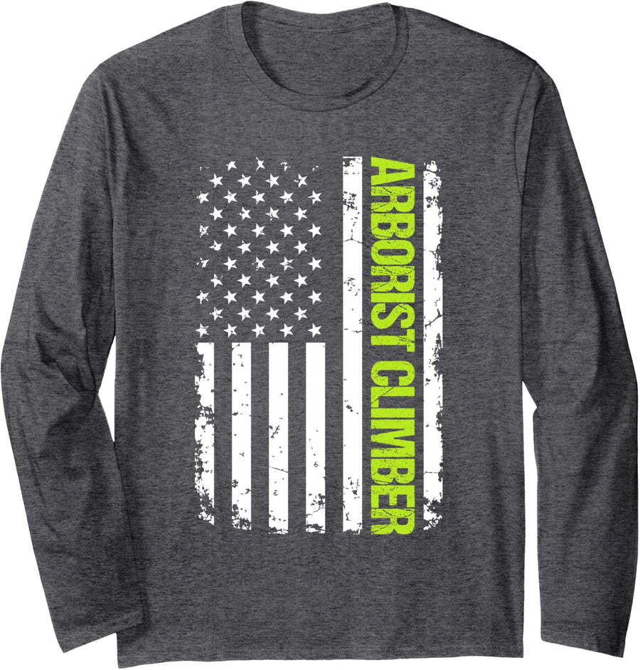 Arborist Climber USA Flag Long Sleeve T-Shirt - Adult Unisex Dark Heather Grey