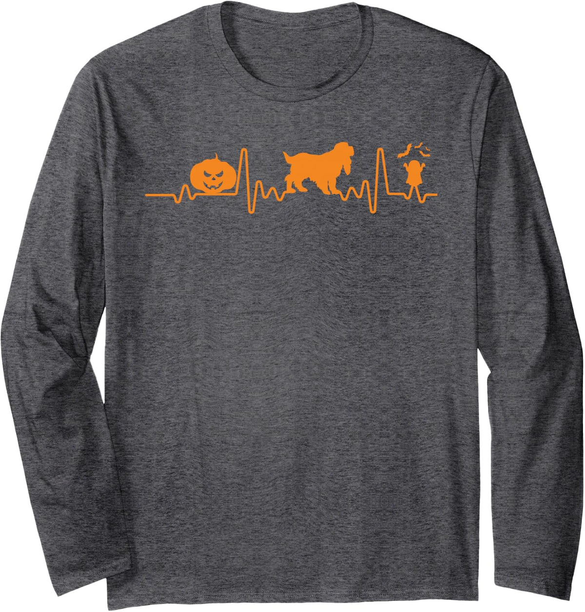 Cocker Spaniel Dog Heartbeat Pumpkin Funny Halloween Costume Long Sleeve T-Shirt - Adult Unisex Dark Heather Grey