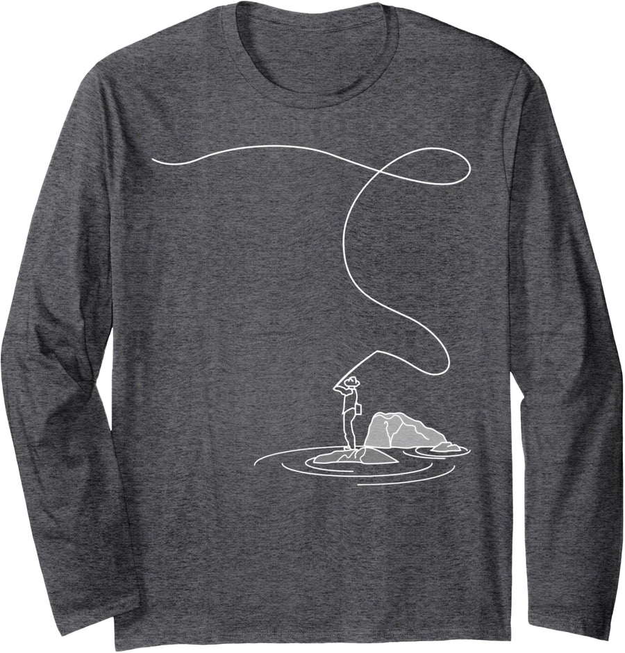 Fly Fishing Lover Line Art Fishrod Fly Rod Angling Fisherman Long Sleeve T-Shirt - Adult Unisex Dark Heather Grey