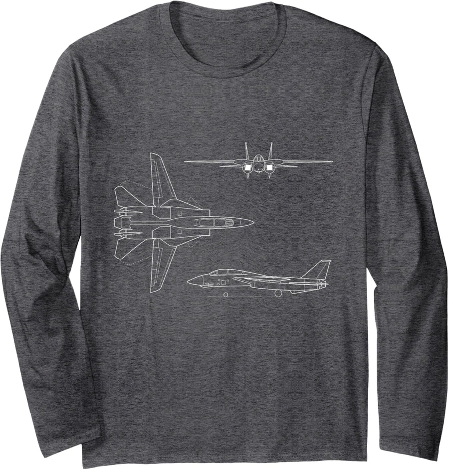 F14 Tomcat Navy Fighter Jet Diagram Blueprint Sketch Long Sleeve T-Shirt - Adult Unisex Dark Heather Grey