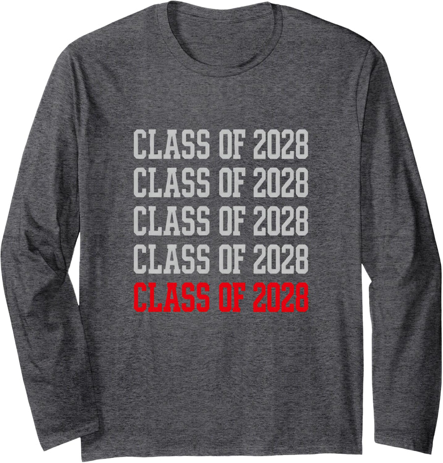 Class of 2028 Stacked Varsity 11th Grade School Junior Long Sleeve T-Shirt - Adult Unisex Dark Heather Grey
