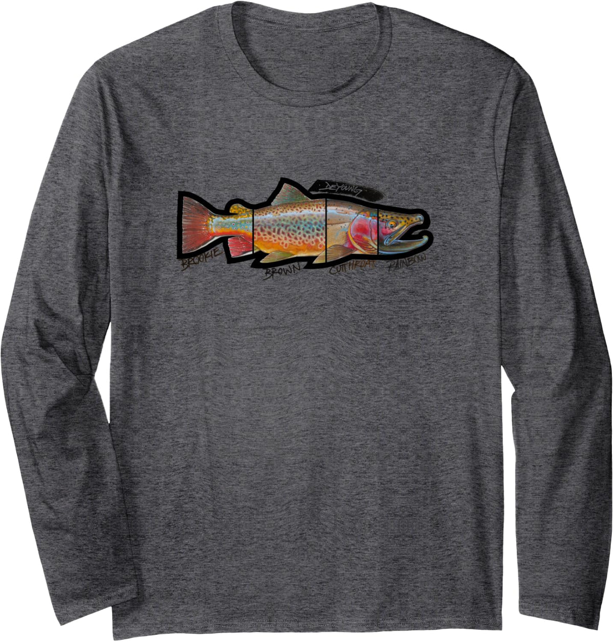 Rainbow Cutthroat Brown Brook Trout T-Shirt Derek DeYoung Long Sleeve T-Shirt - Adult Unisex Dark Heather Grey